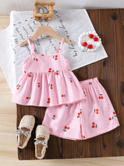 🌸Trendy Cherry Print Baby Girl Top & Shorts Combo