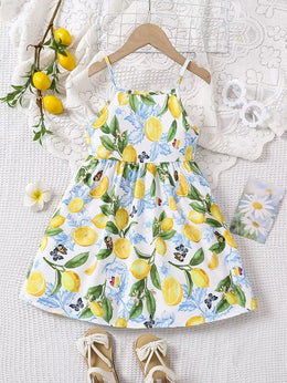🌸Lemon Butterfly girls sleeveless lemon print dress light tropical floral